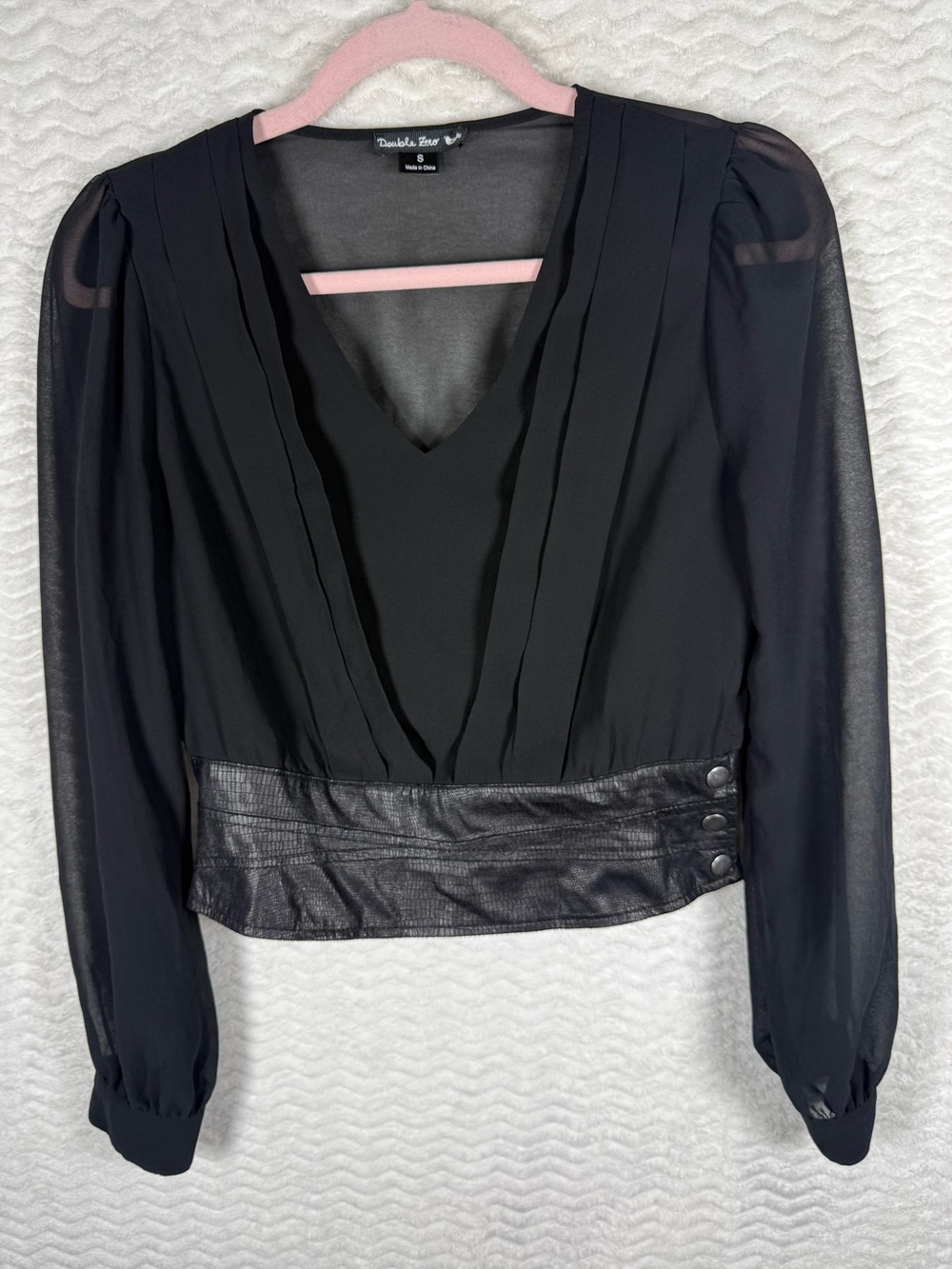 Double Zero Black V-Neck Sheer Puff Sleeve Blouse with Faux Leather Waistband